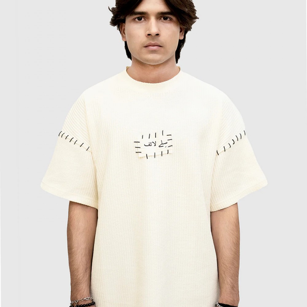 GOLDEN THREADS HAND EMBROIDERED BEIGH T-SHIRT