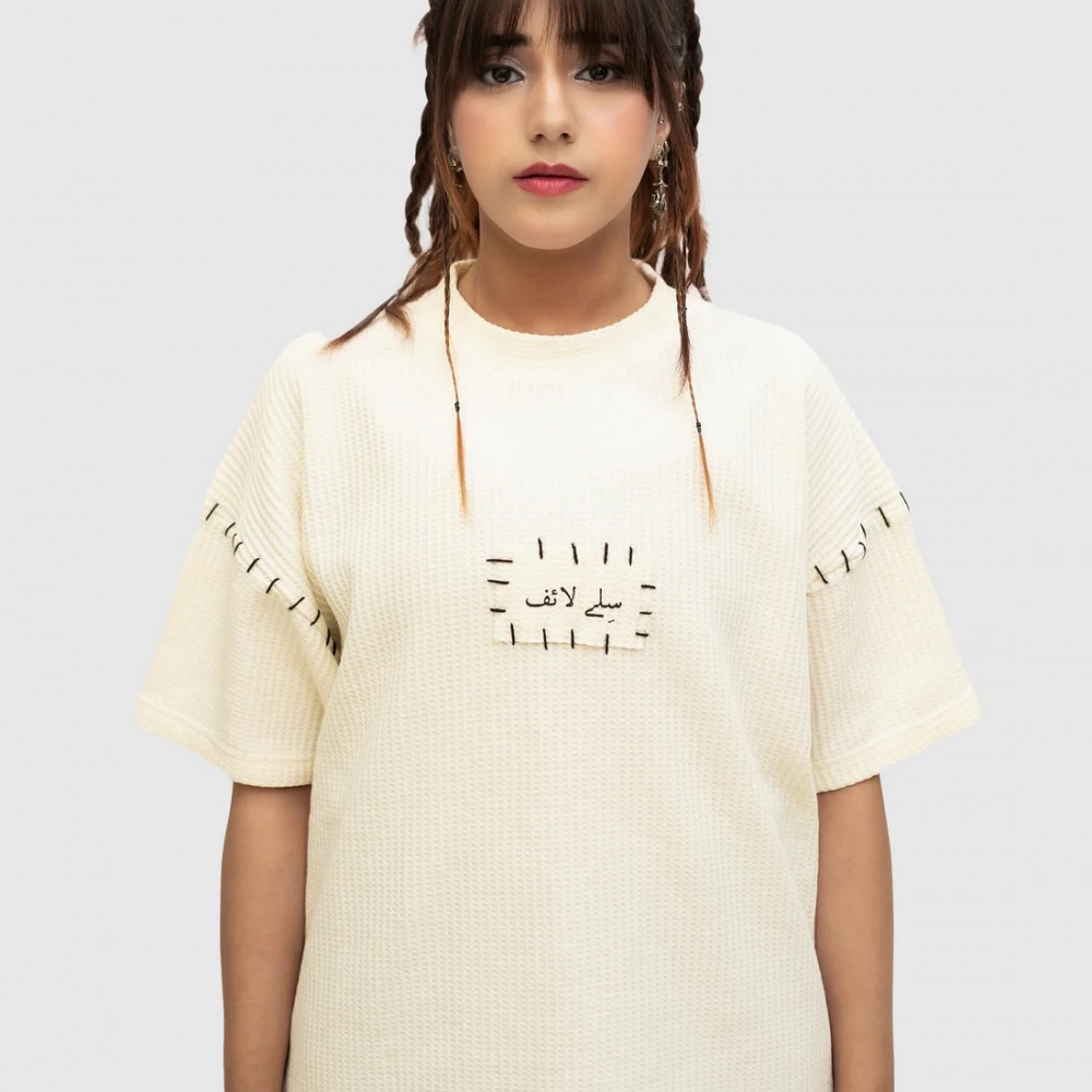 GOLDEN THREADS HAND EMBROIDERED BEIGH T-SHIRT