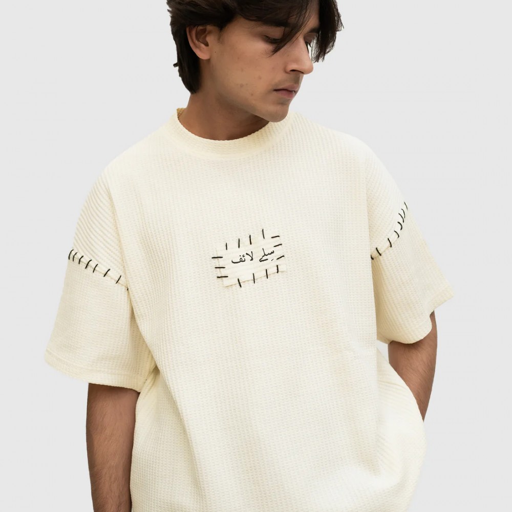 GOLDEN THREADS HAND EMBROIDERED BEIGH T-SHIRT