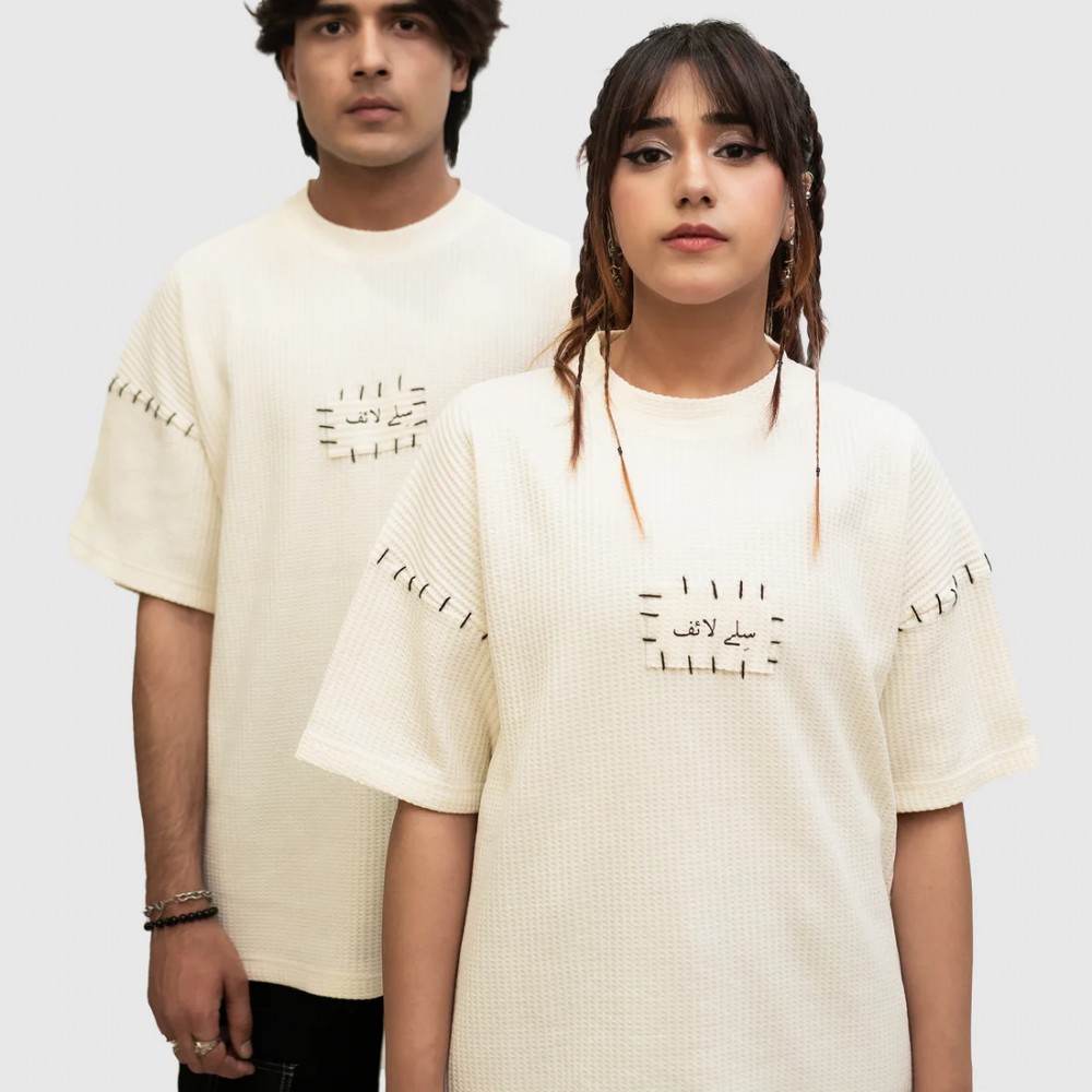 GOLDEN THREADS HAND EMBROIDERED BEIGH T-SHIRT