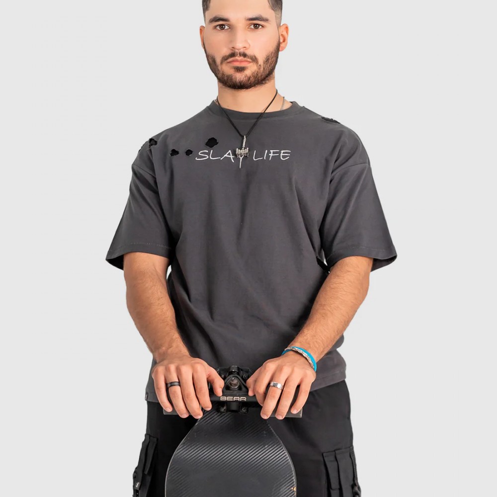Charcoal Grey Ripped Vintage T-shirt