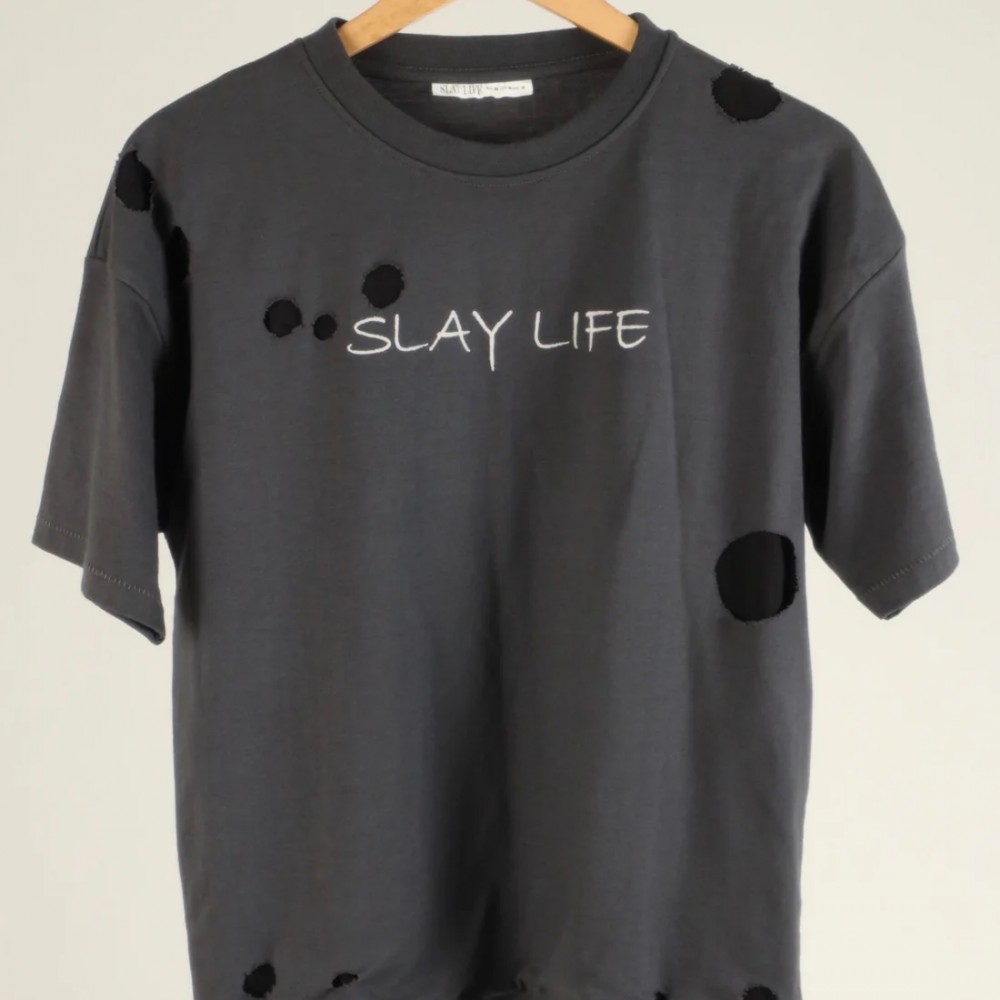 Charcoal Grey Ripped Vintage T-shirt