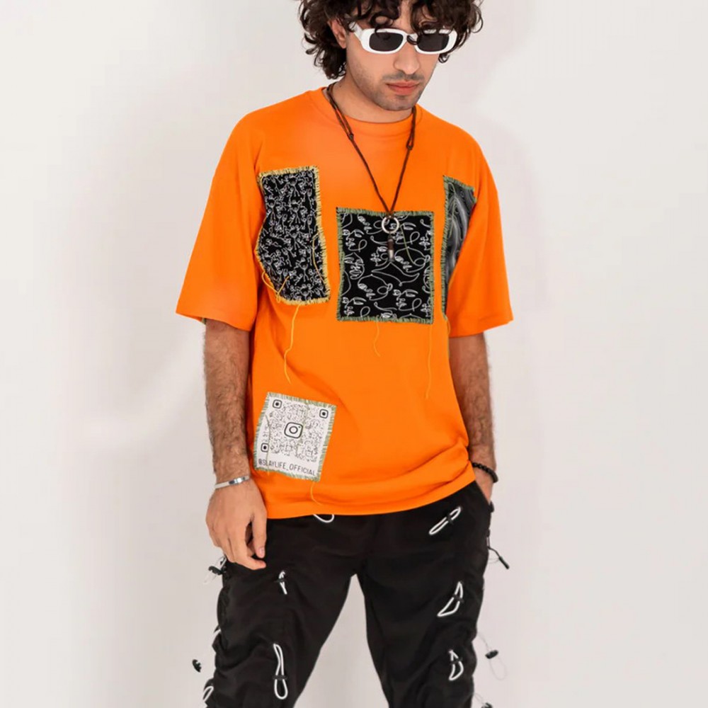 Monochrome Hand Stitched” Orange T-Shirt
