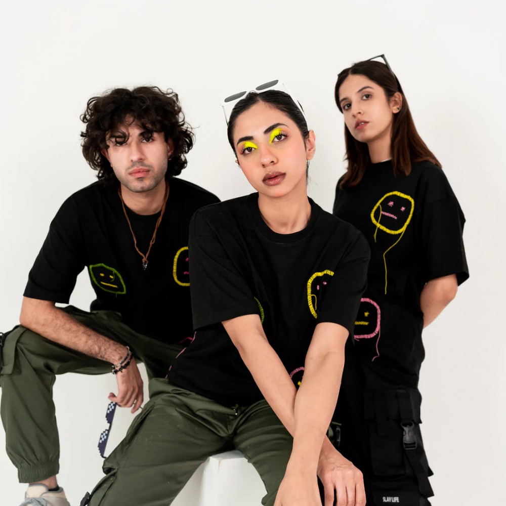Neutral Face Hand Stitched Black T-Shirt