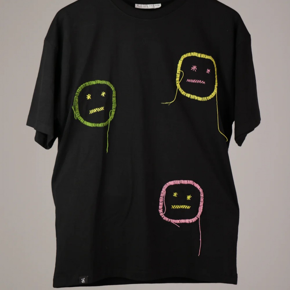 Neutral Face Hand Stitched Black T-Shirt