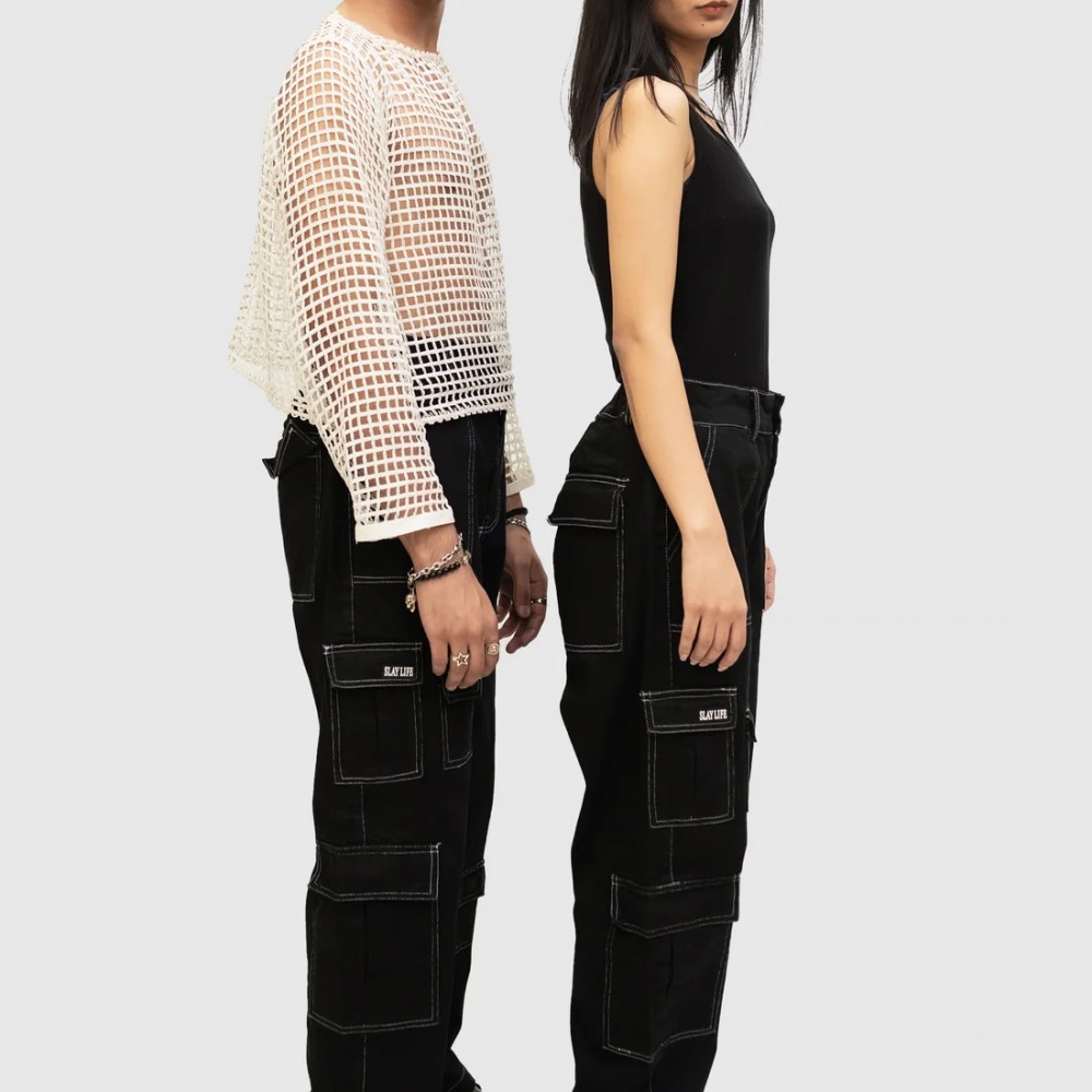 WHITE STITCHED BLACK CARGO PANT