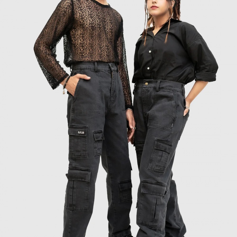GREY ACID WASH CARGO PANT