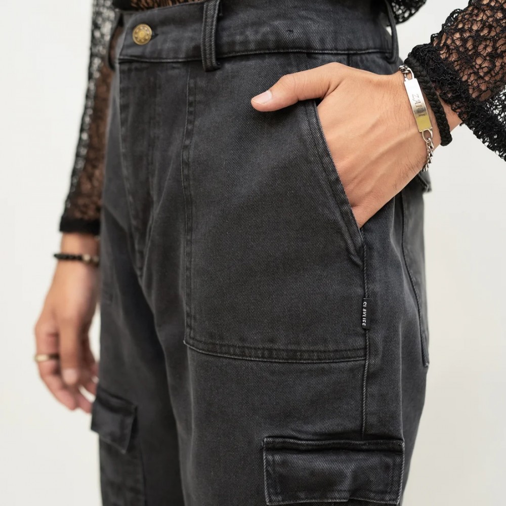 GREY ACID WASH CARGO PANT